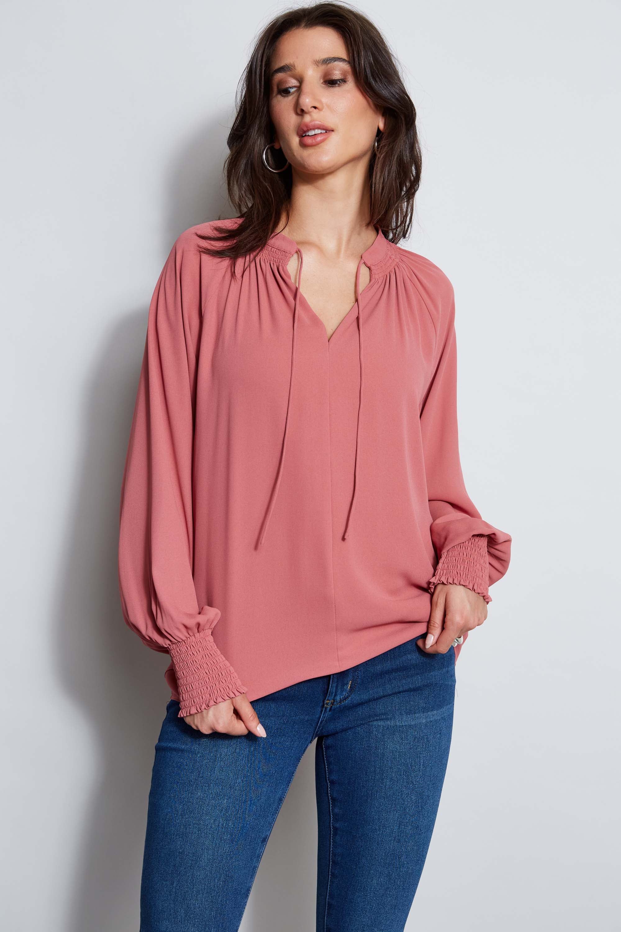 T-Tahari Split Neck Tie Shirt - Murepair
