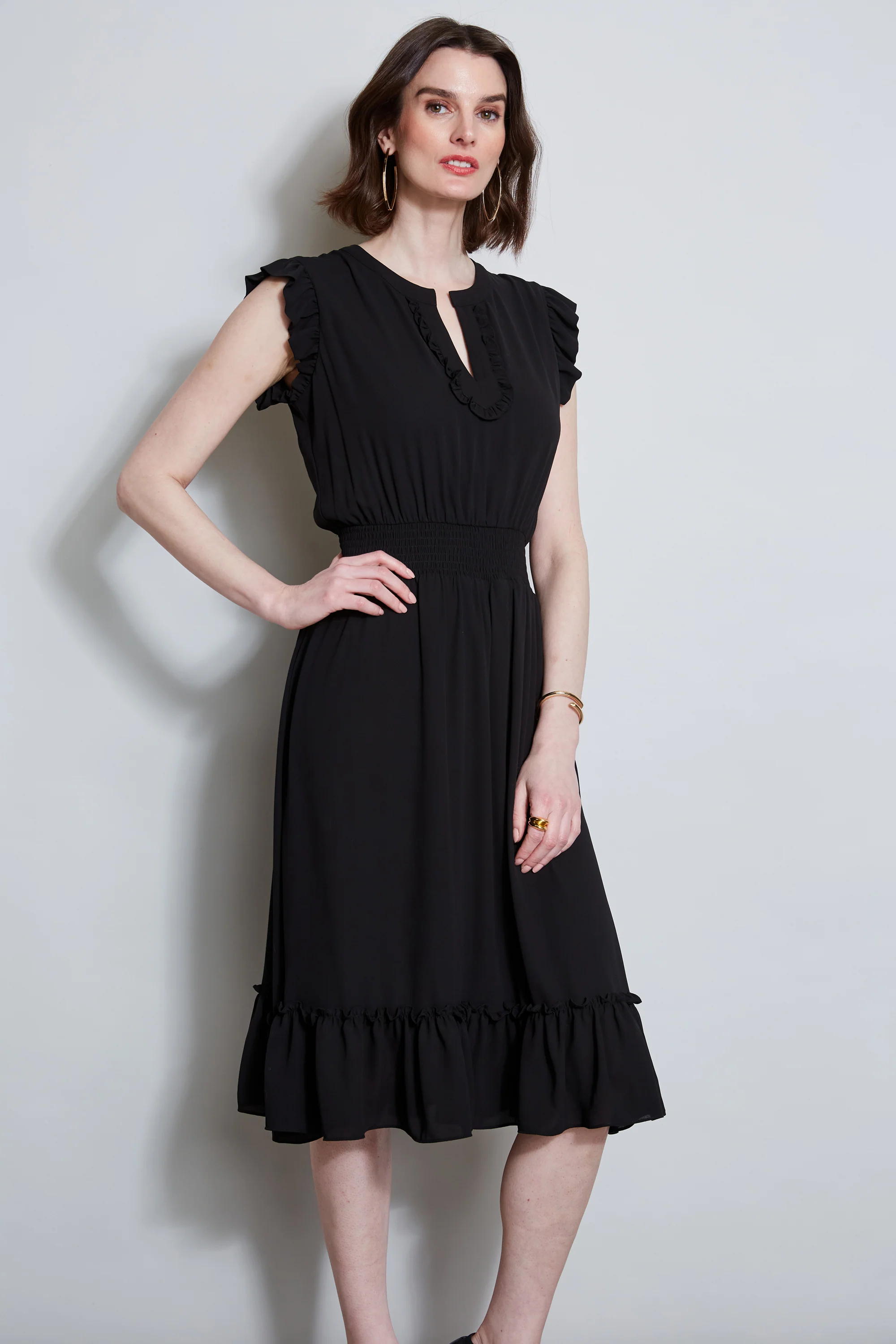 T-Tahari Split Neck Ruffle Midi Dress - Murepair
