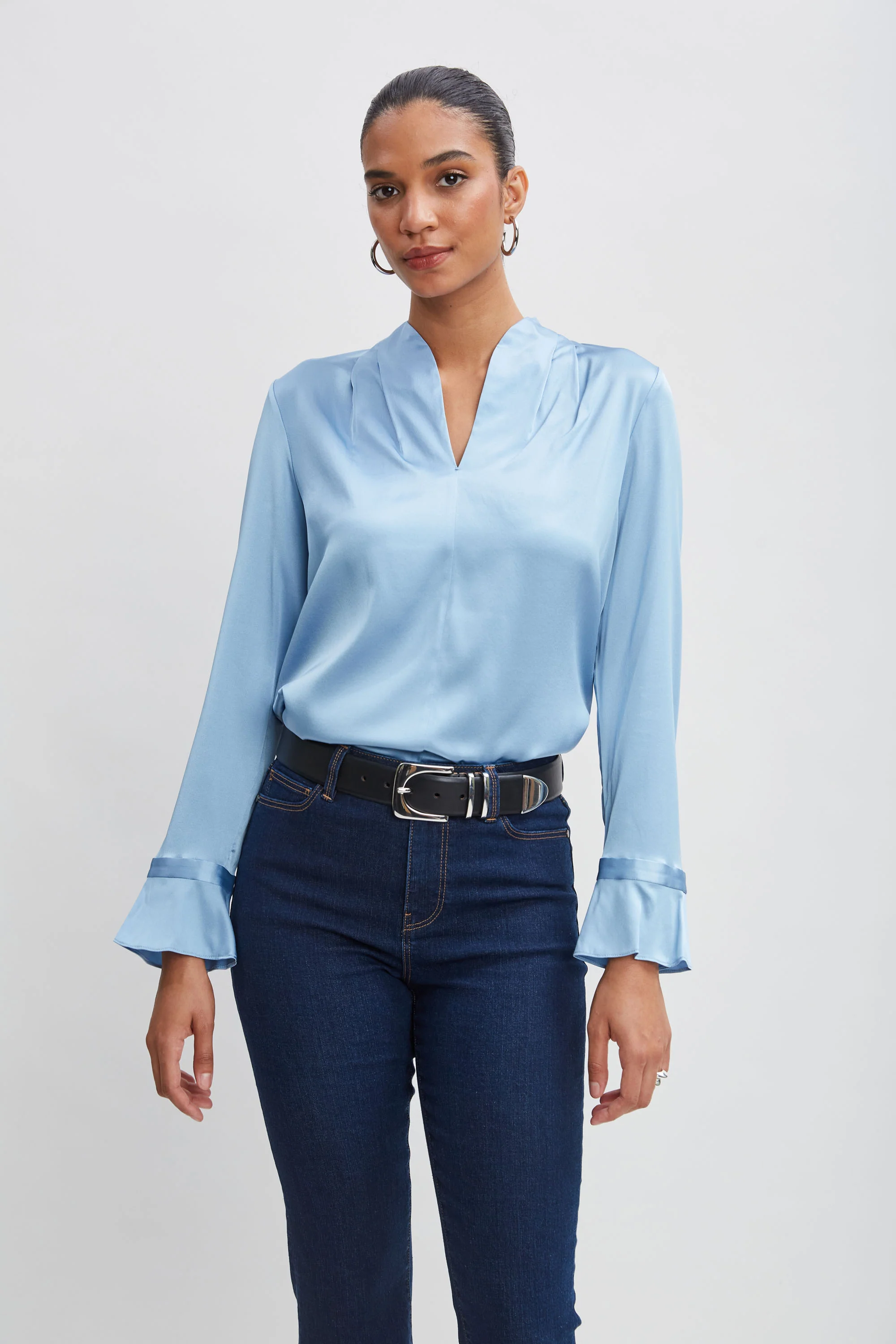 Silk Satin Contour Neck Ruffle Cuff Shirt - Murepair