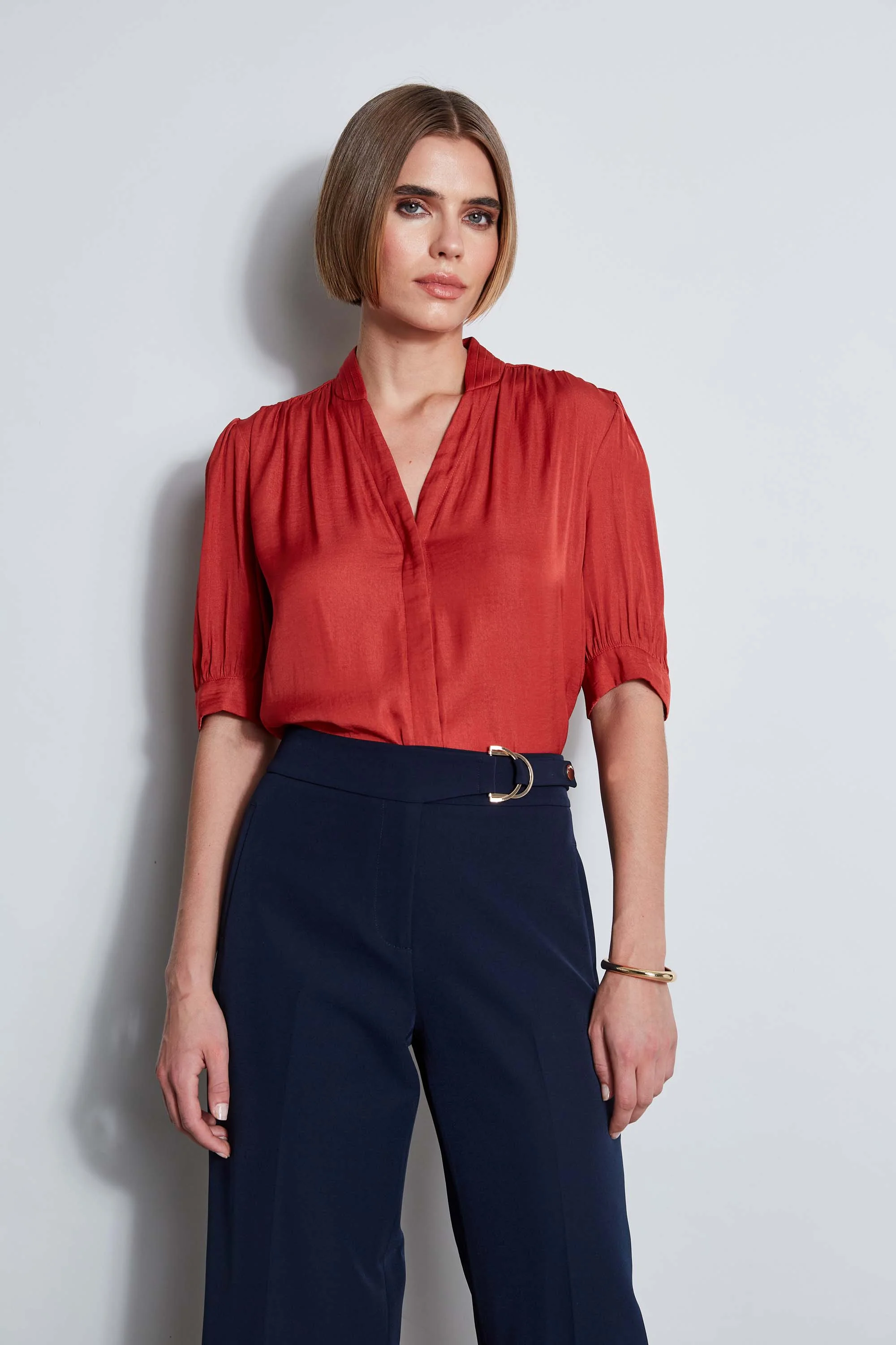 T-Tahari Short Sleeve Pleated Neck Shirt - Murepair