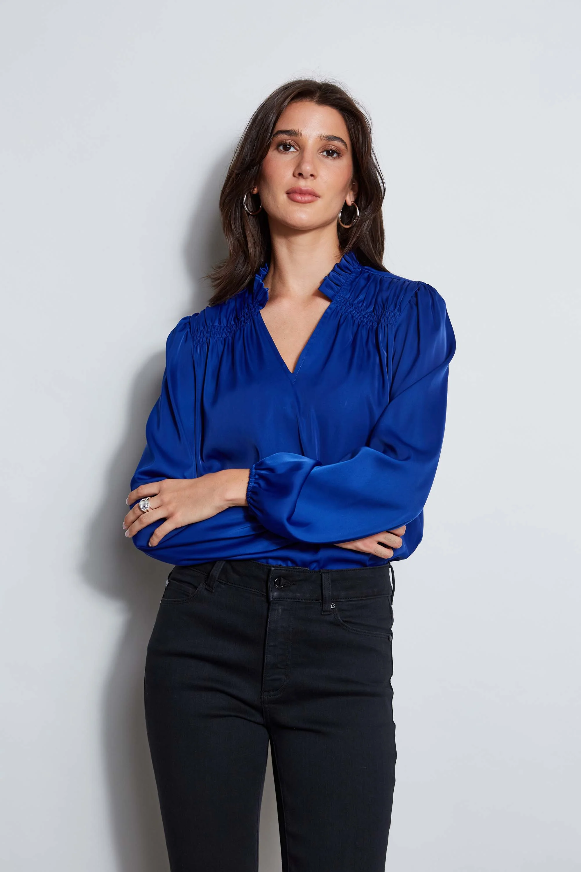 T-Tahari V-Neck Satin Blouson Shirt - Murepair