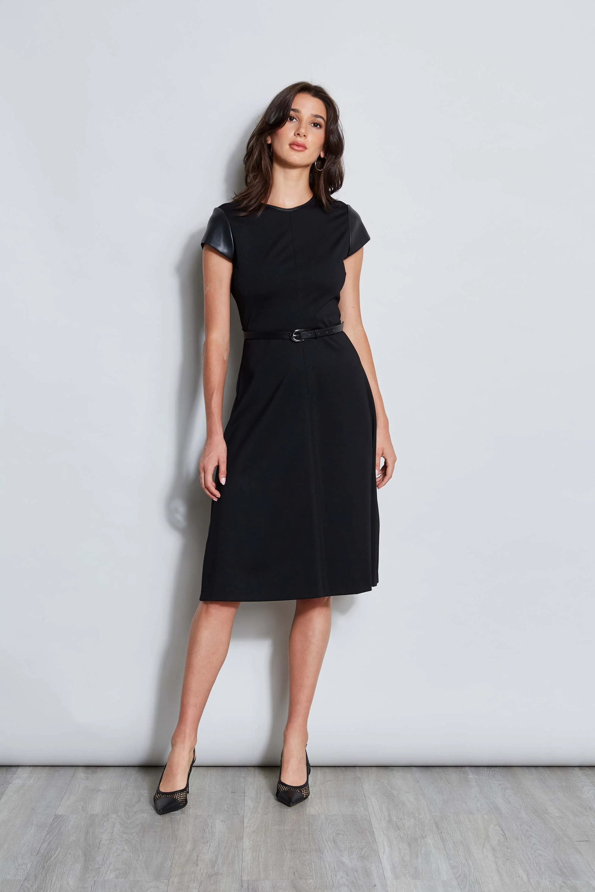 Vegan Leather Short Sleeve Belted Knit Dress - Murepair