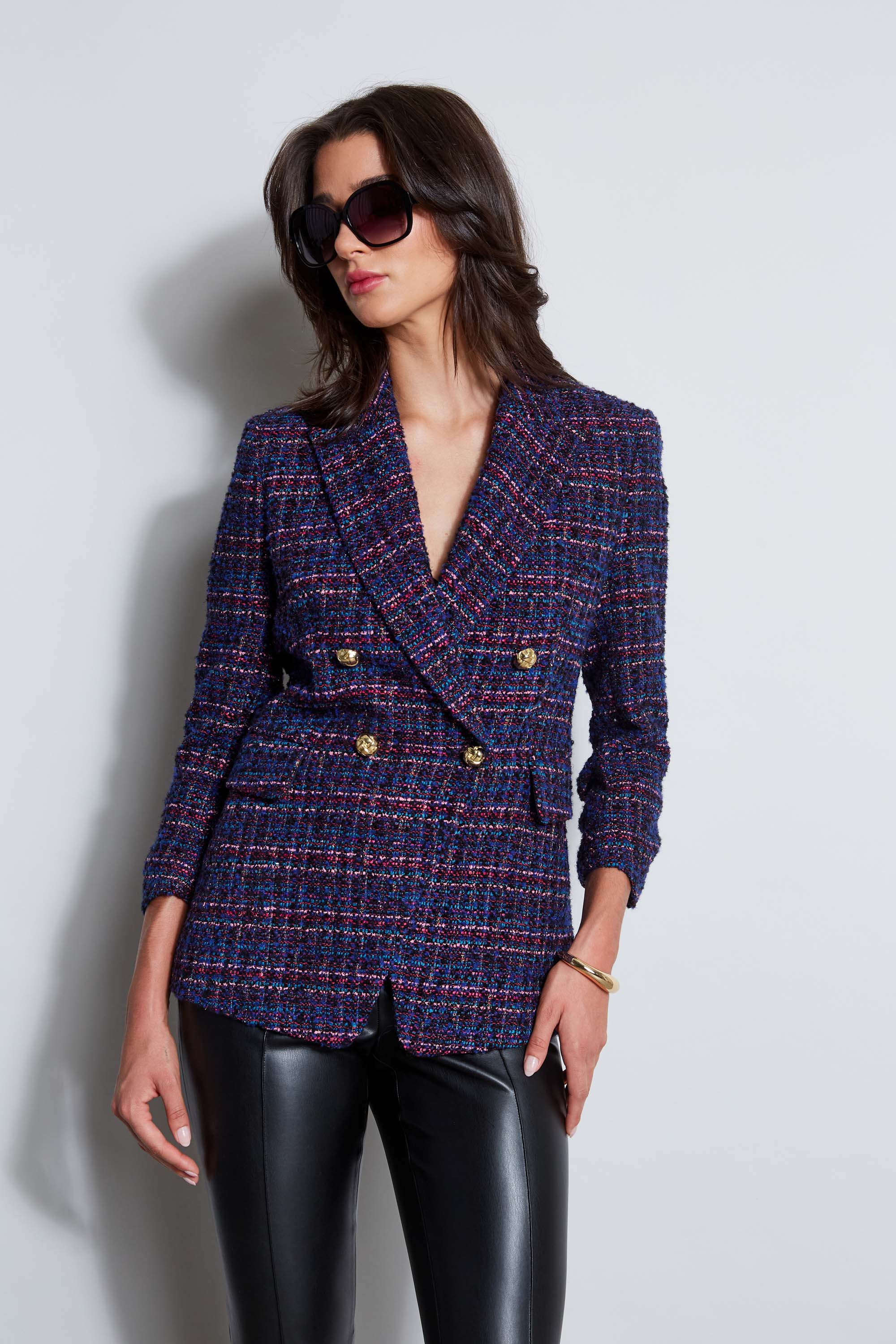 Tweed Ruched Sleeve Double Breasted Blazer - Murepair