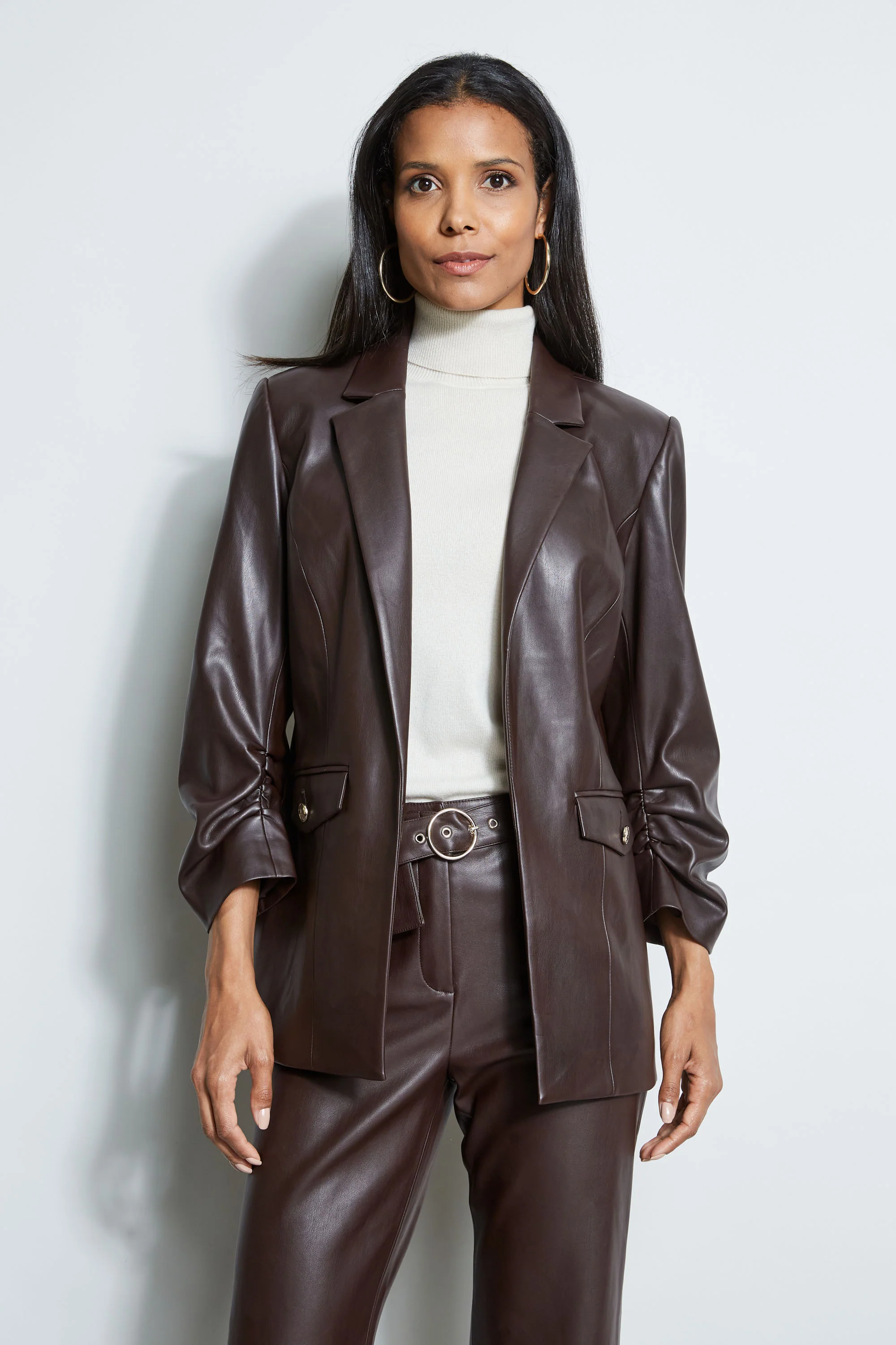 T-Tahari Vegan Leather Ruched Sleeve Blazer - Murepair