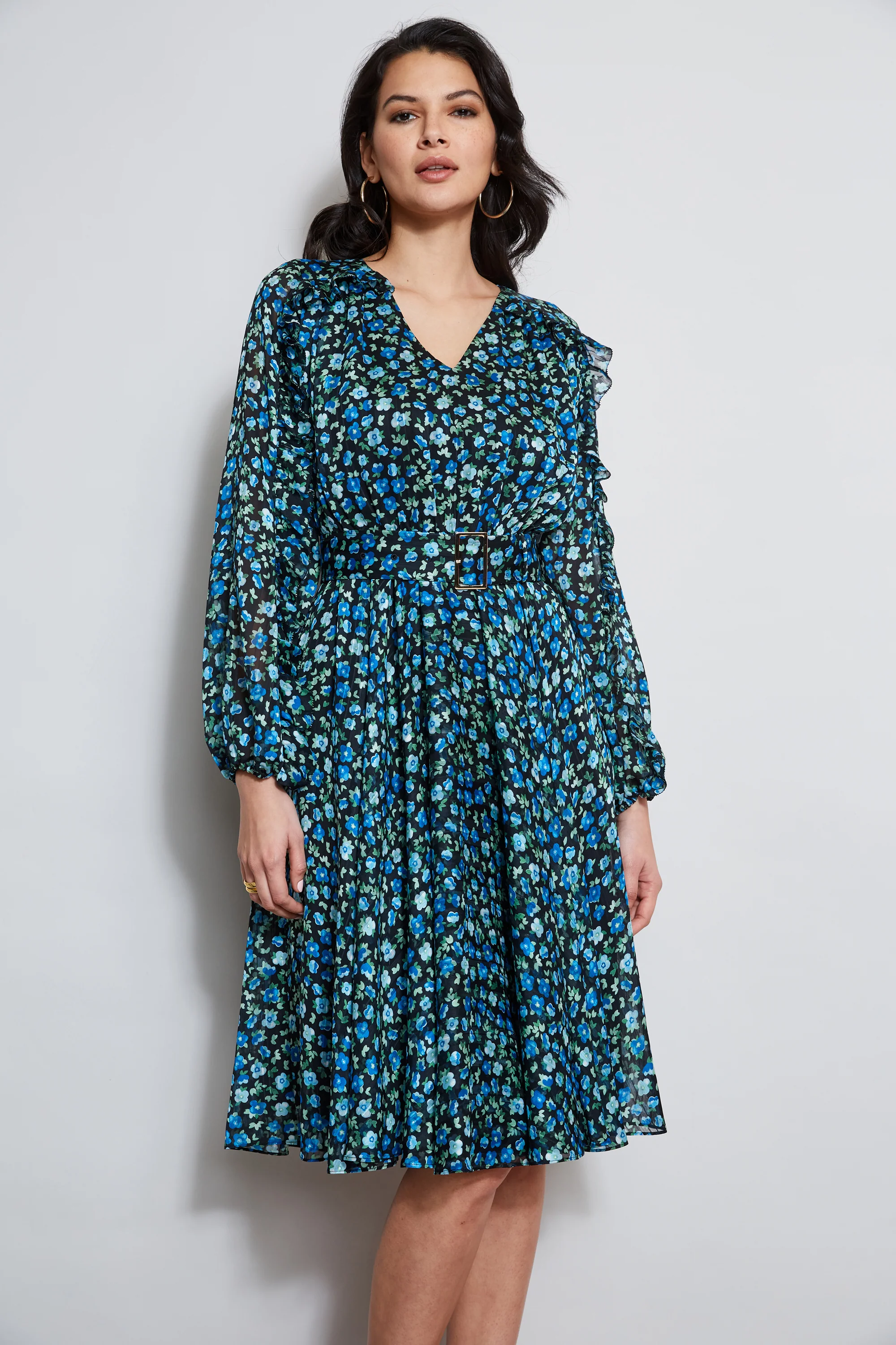 Floral Long Sleeve Belted Dress - Murepair