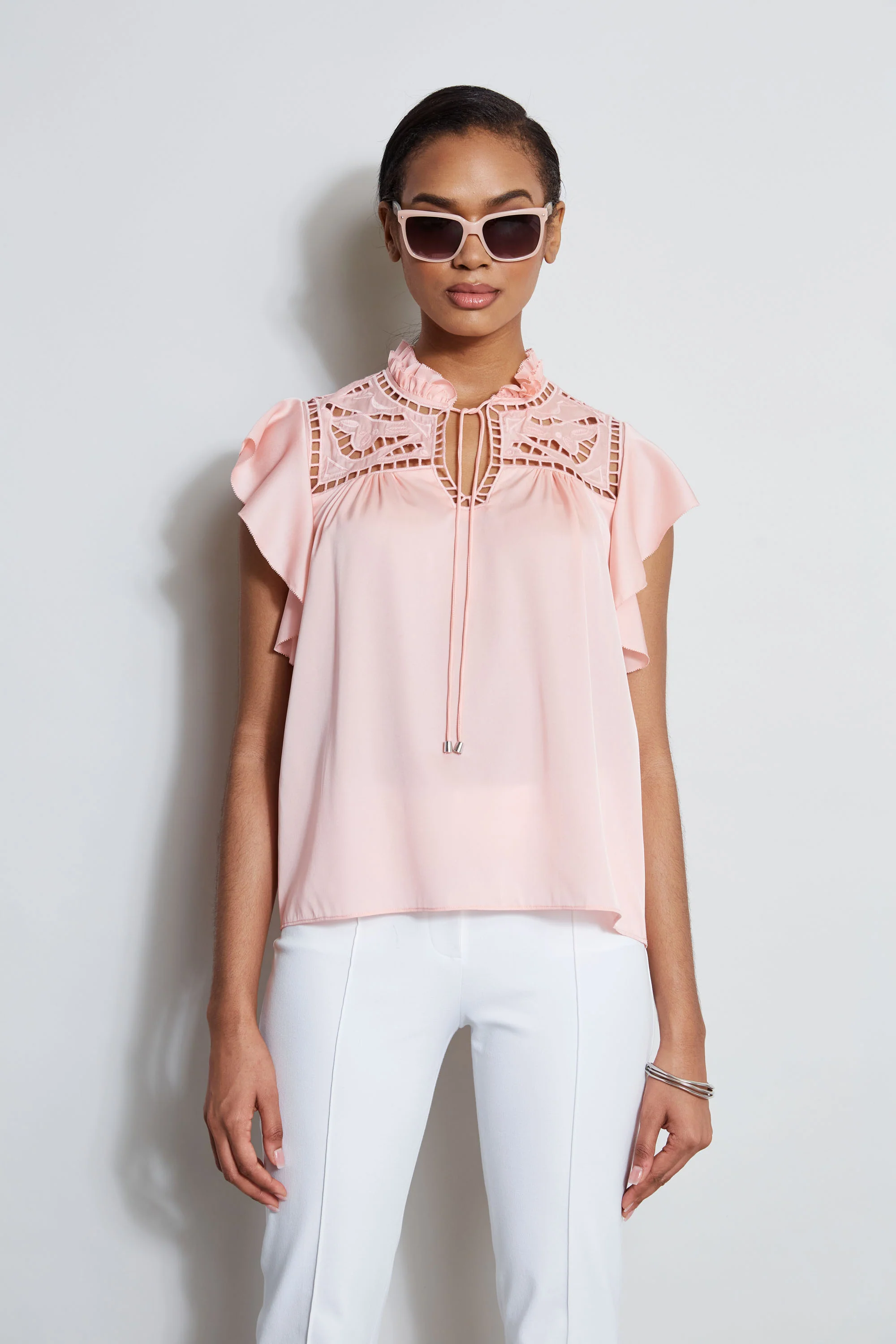 Silk Embroidered Flutter Sleeve Shirt - Murepair