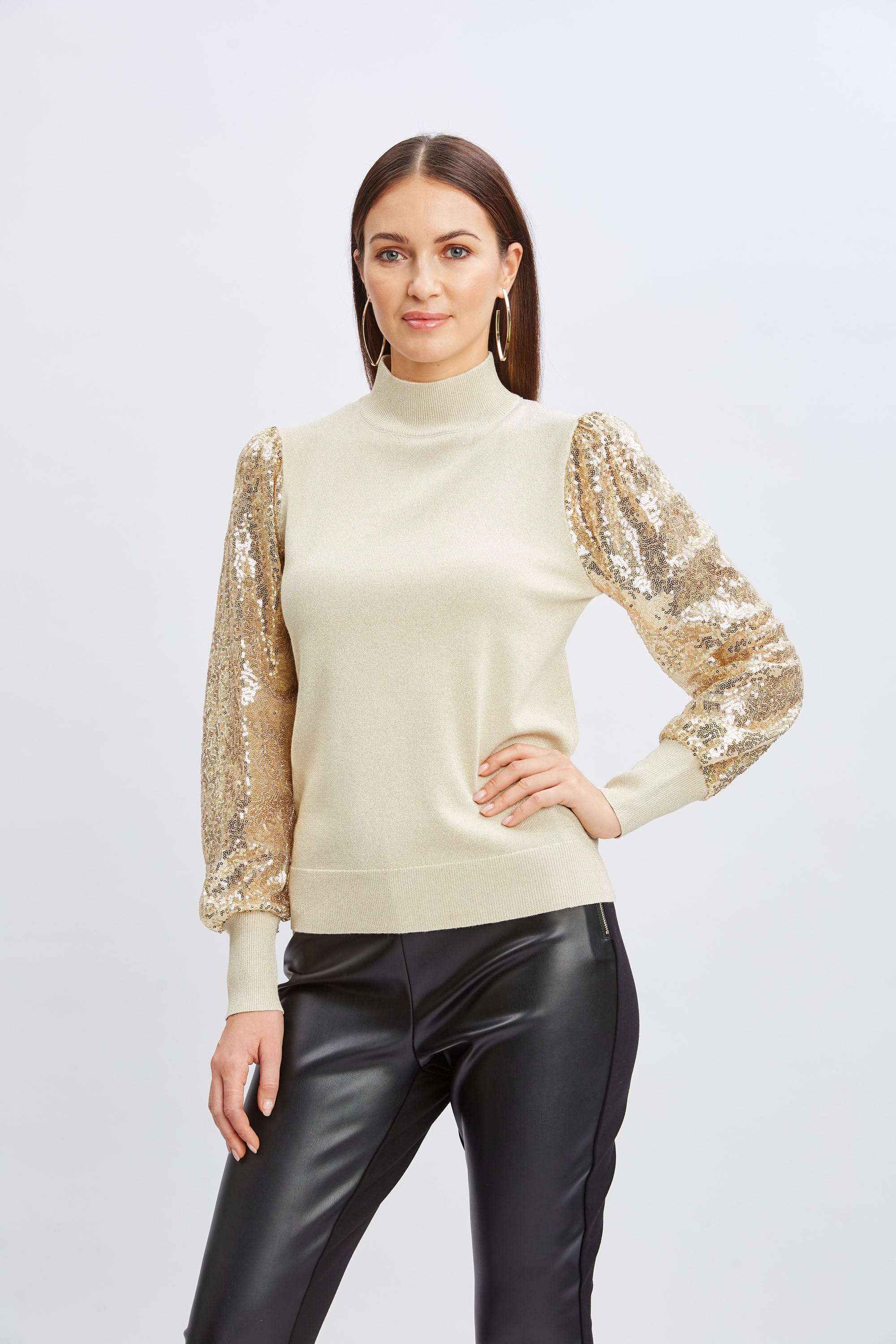 T-Tahari Sequin Sleeve Mock Neck Sweater - Murepair
