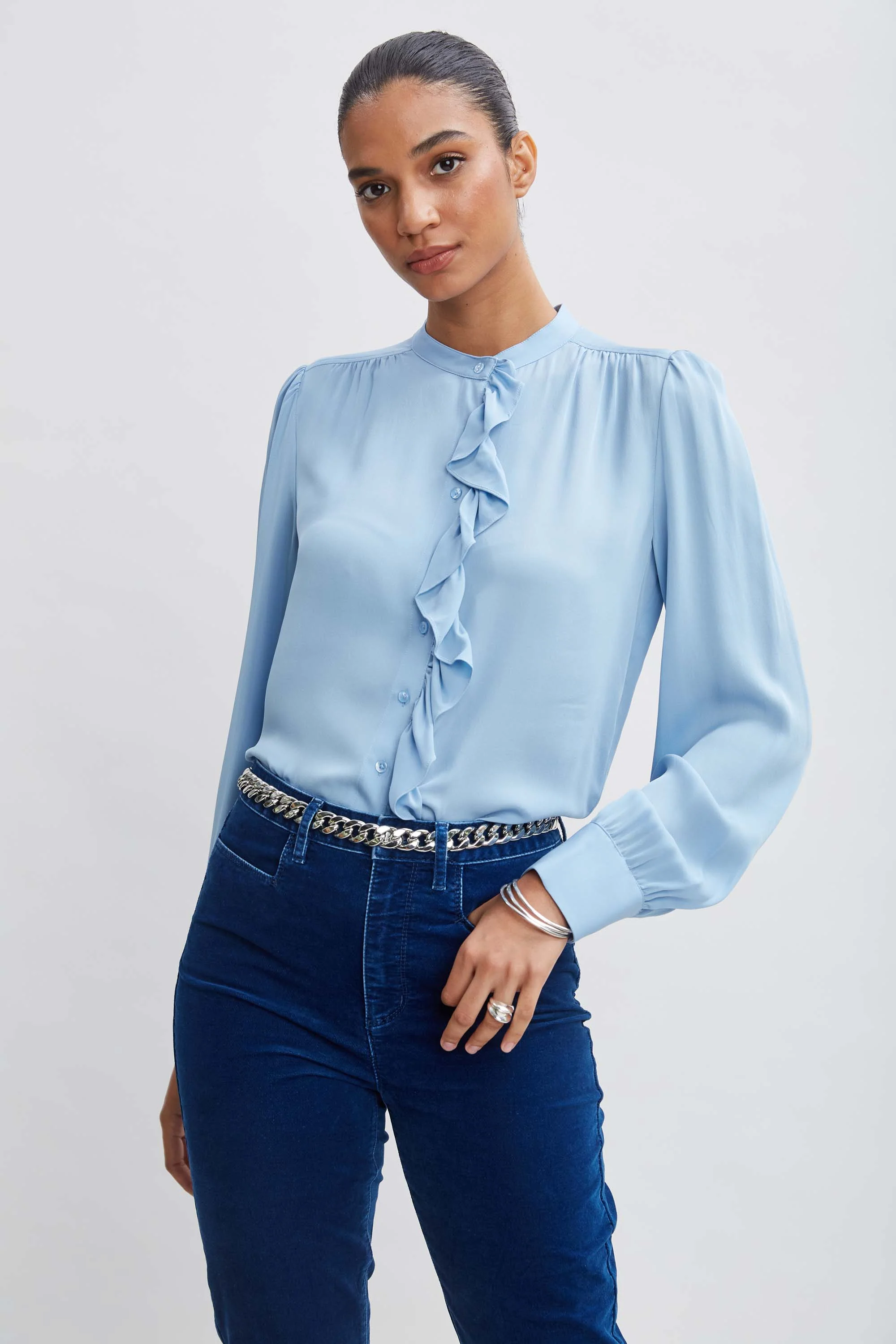 Silk Ruffle Button Down Shirt - Murepair