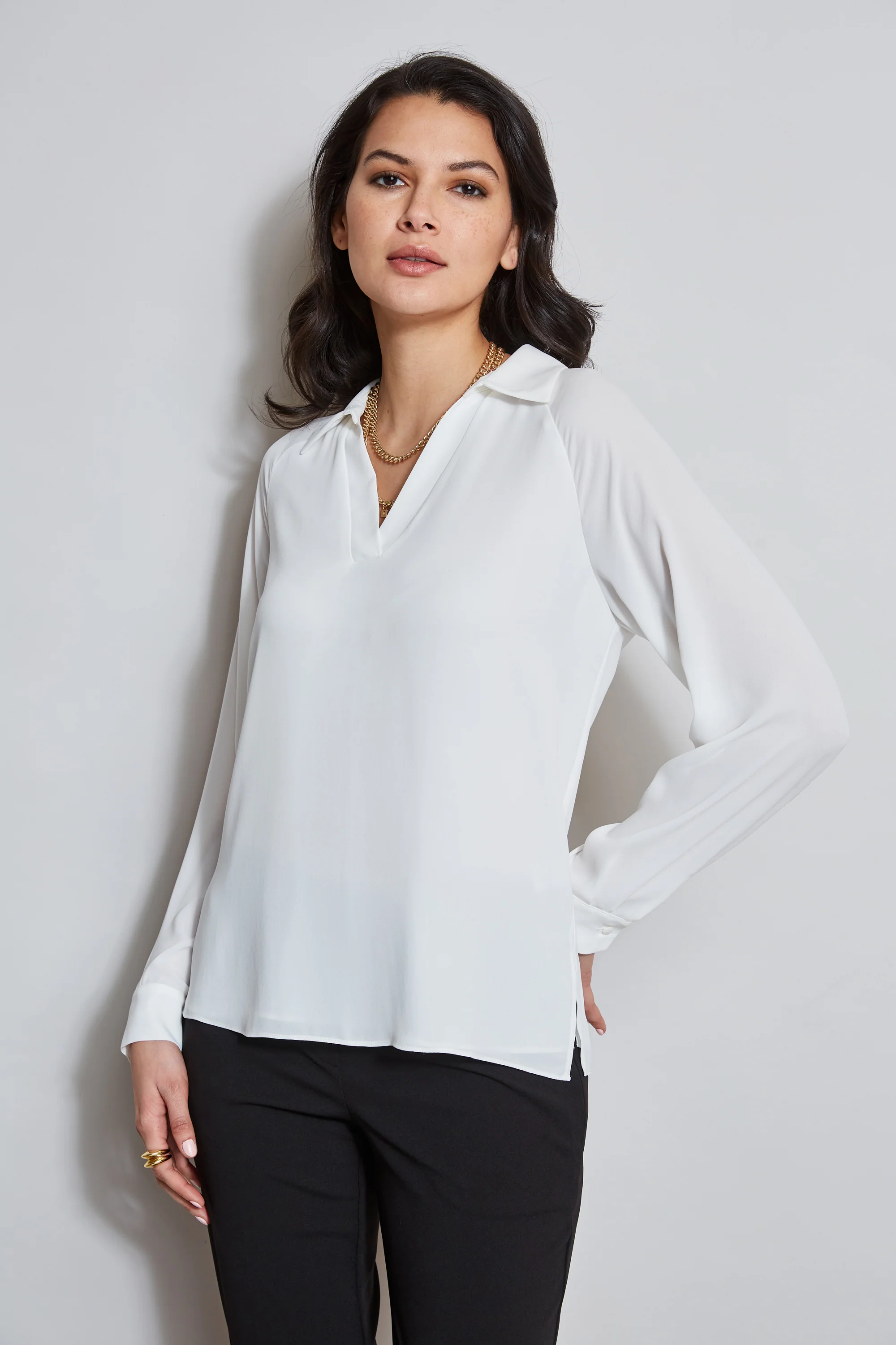 T-Tahari Split Neck Long Sleeve Shirt - Murepair