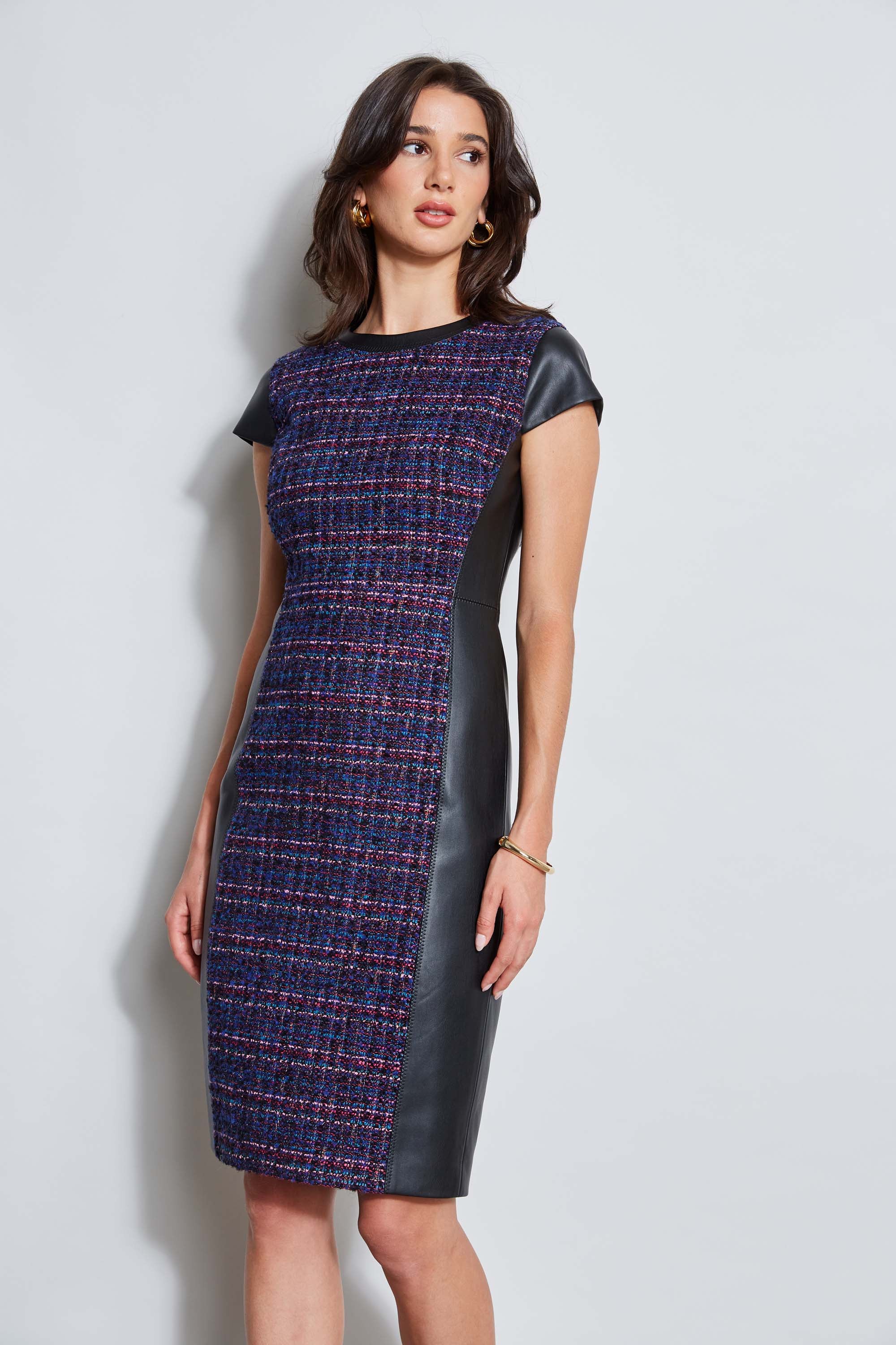 Tweed Vegan Leather Panel Dress - Murepair