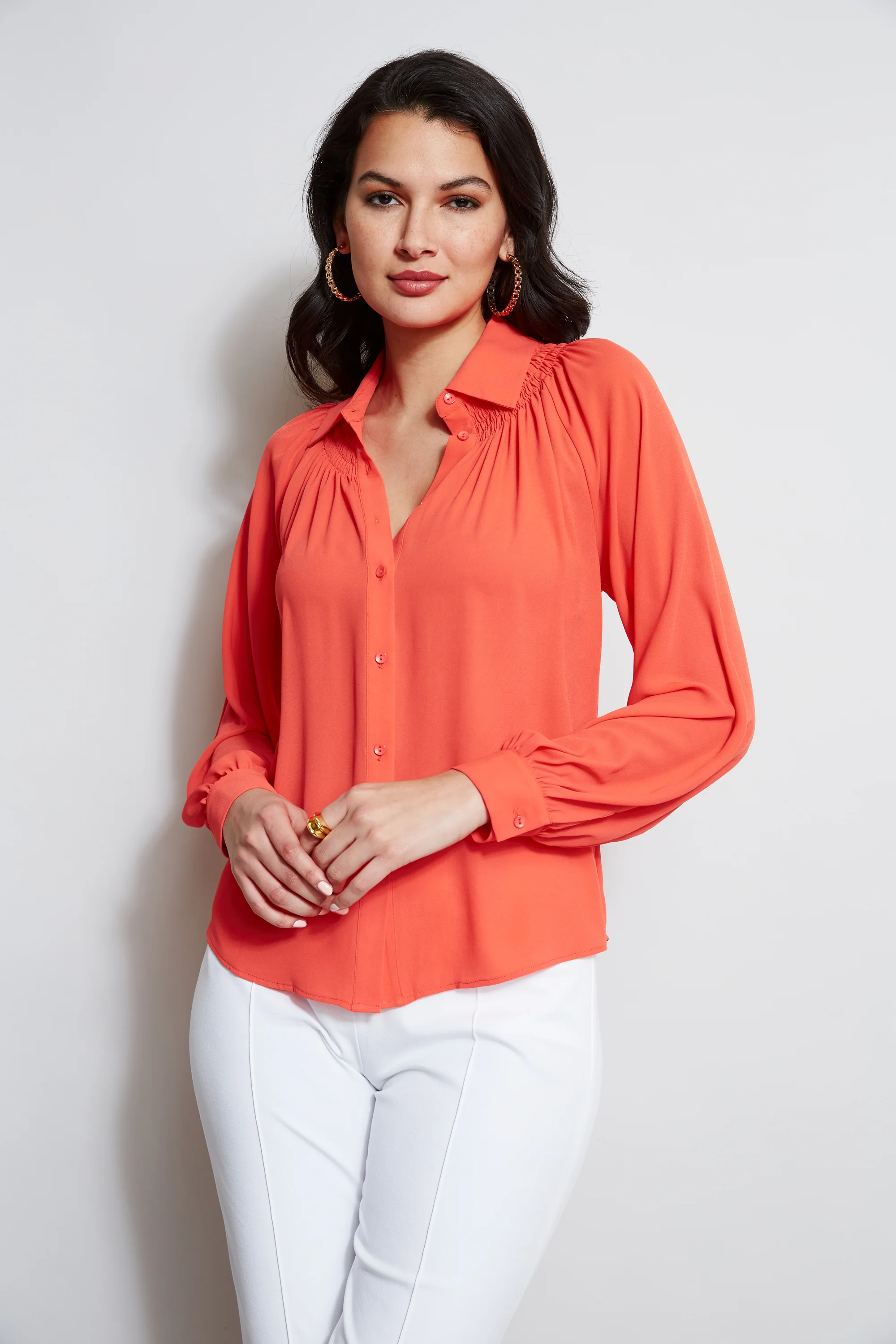 T-Tahari Long Sleeve Smocked Button Down Shirt - Murepair