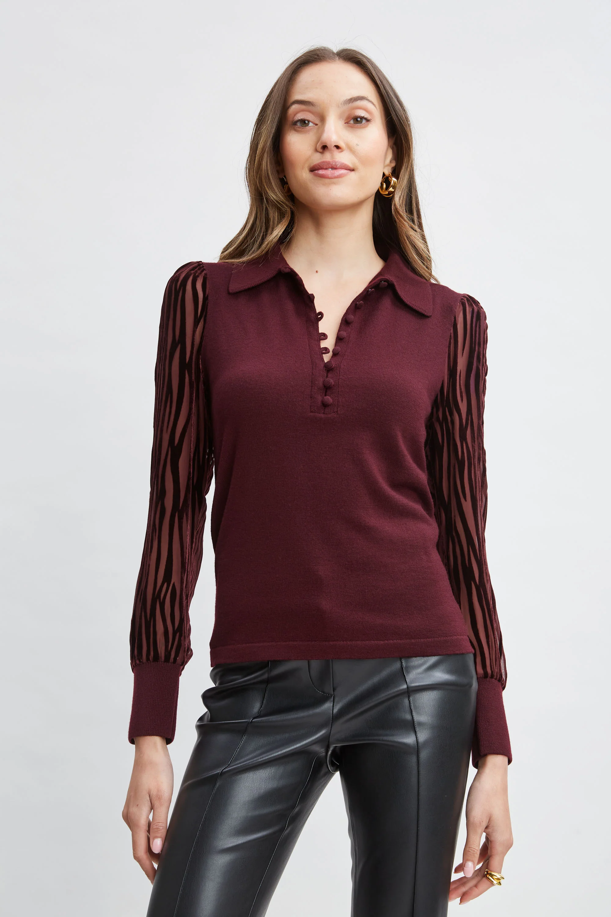 Velvet Burnout Sleeve Polo Sweater - Murepair