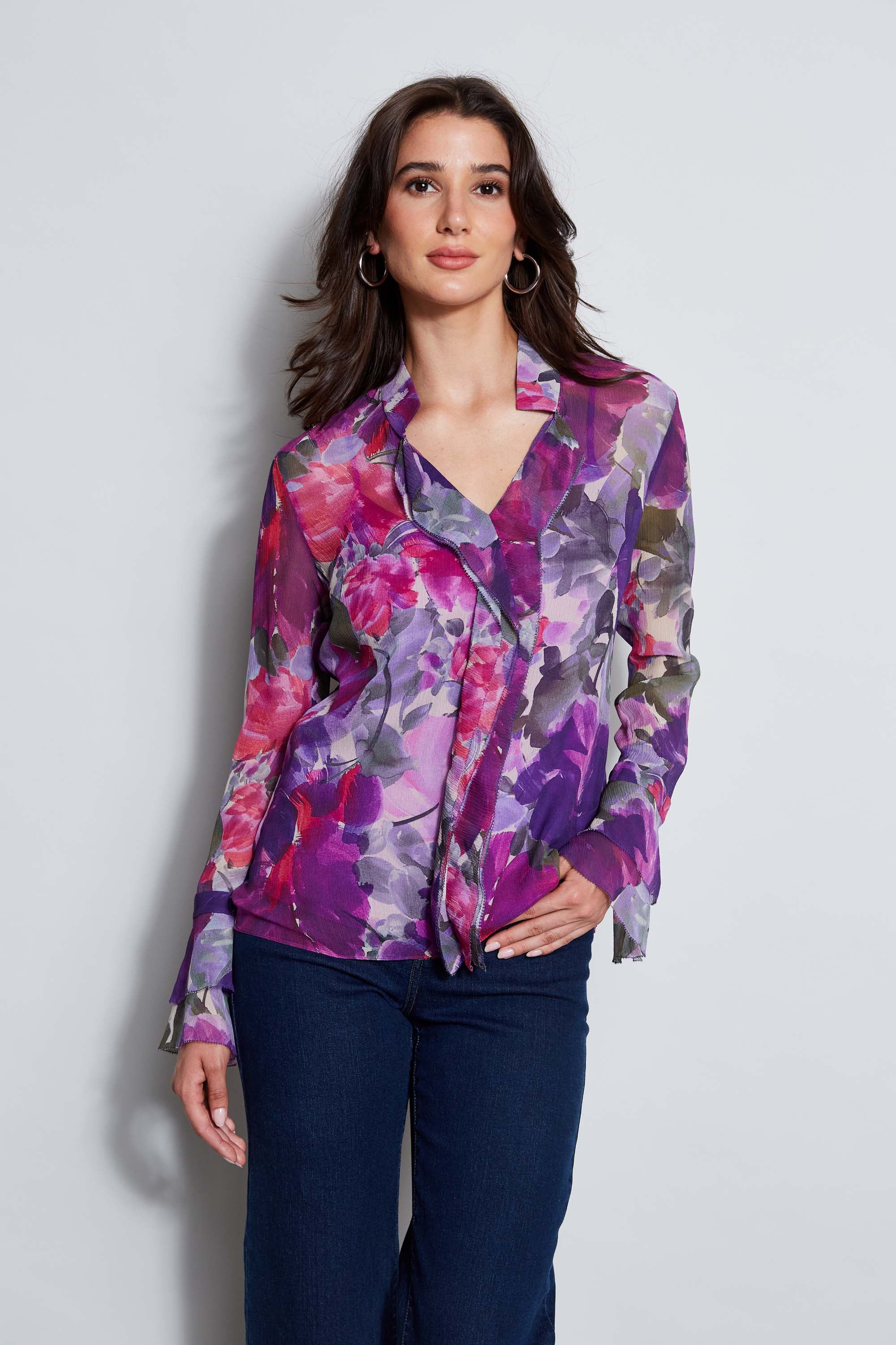 Silk Chiffon Tossed Floral Ruffle Shirt - Murepair
