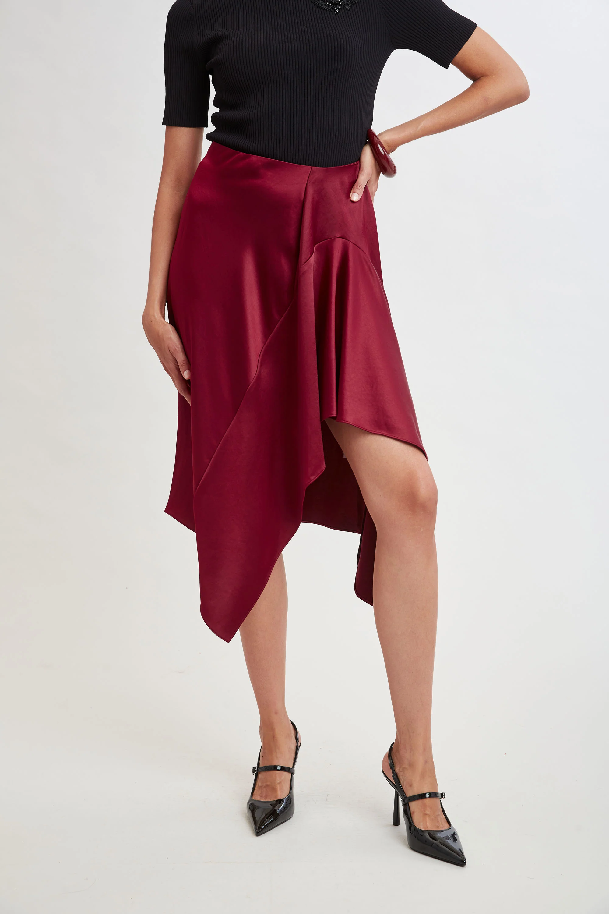 Asymmetric Hem Satin Midi Skirt - Murepair