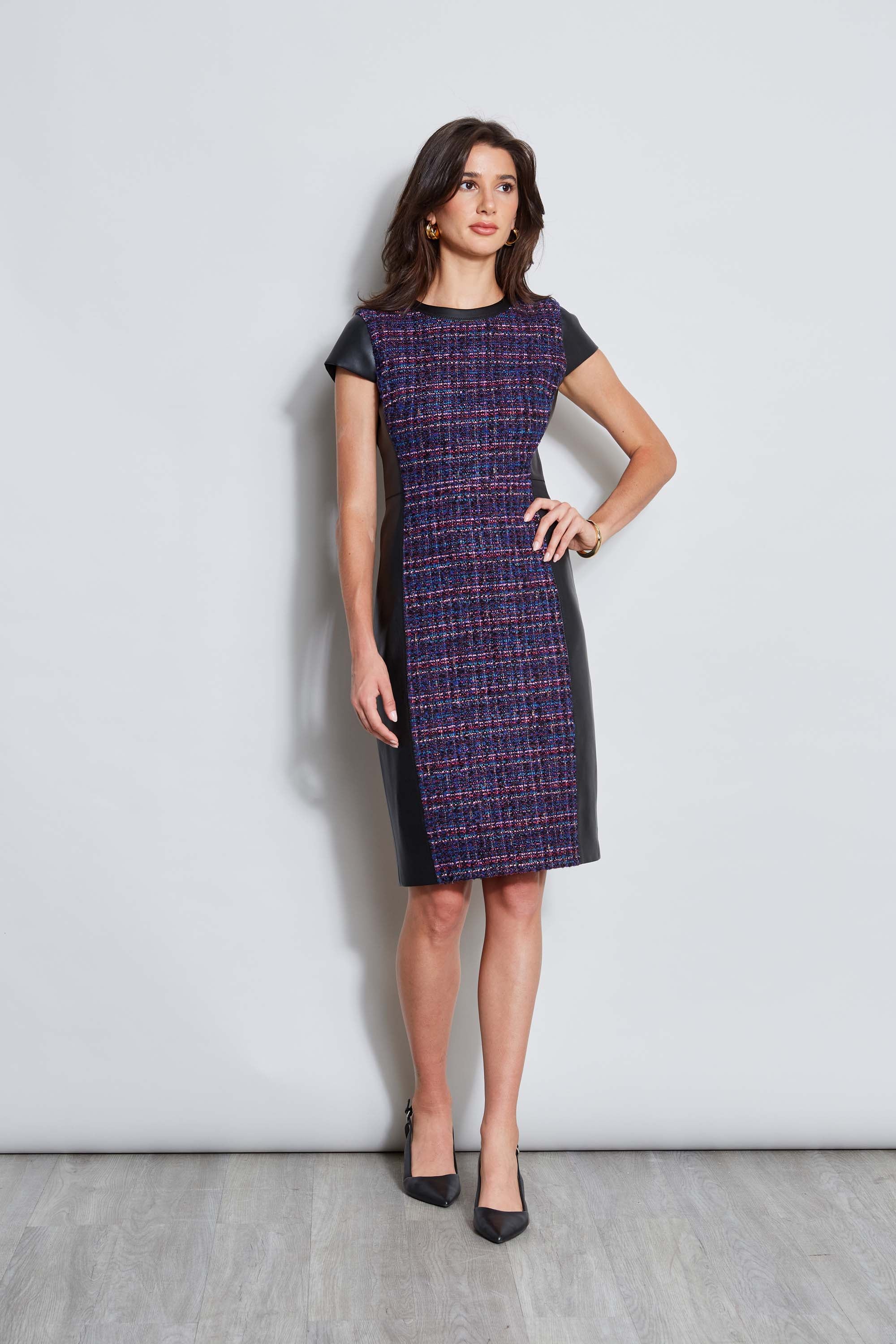 Tweed Vegan Leather Panel Dress - Murepair