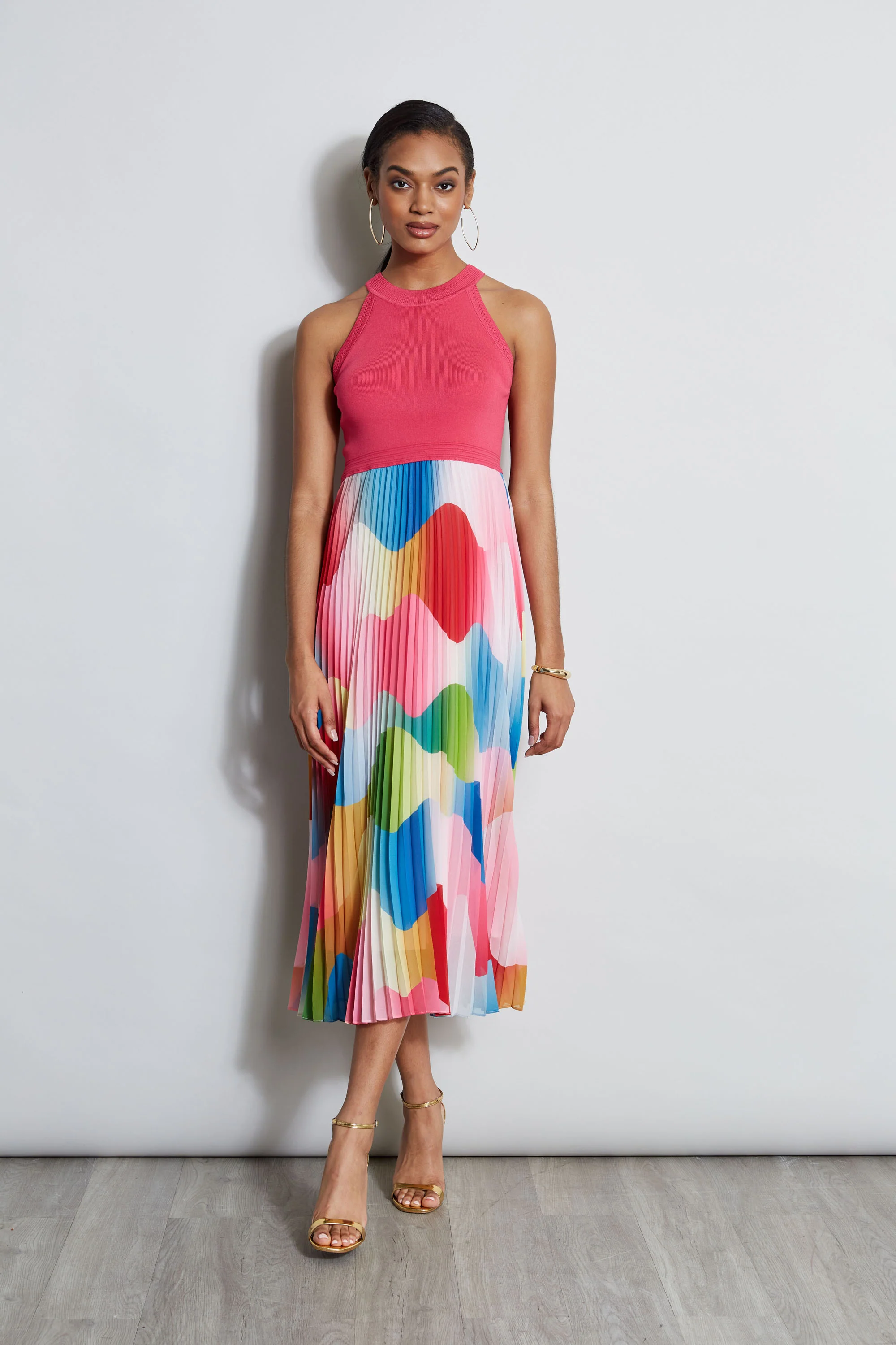 Halter Pleated Print Midi Dress - Murepair