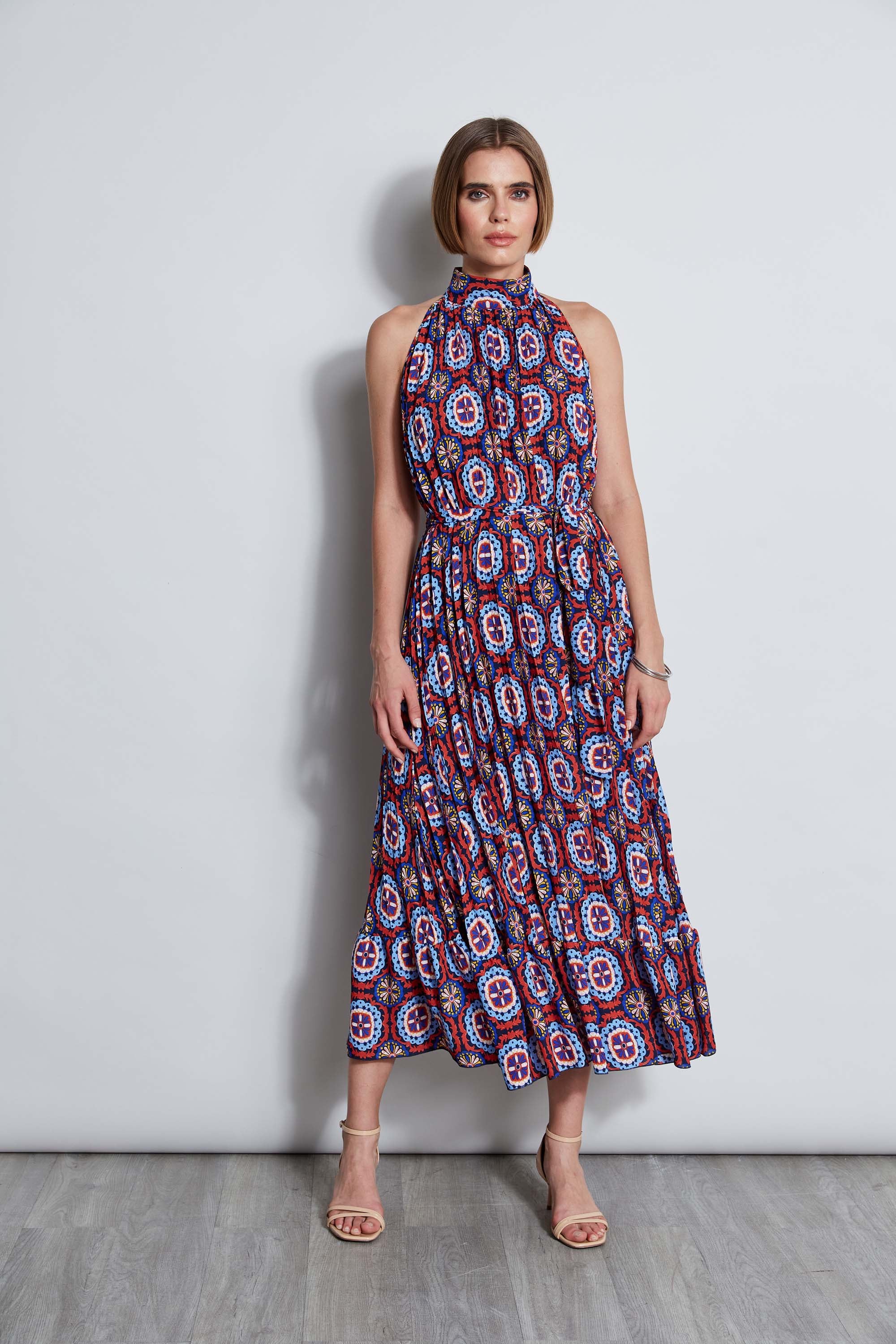 T-Tahari Pleated Print Halter Midi Dress - Murepair
