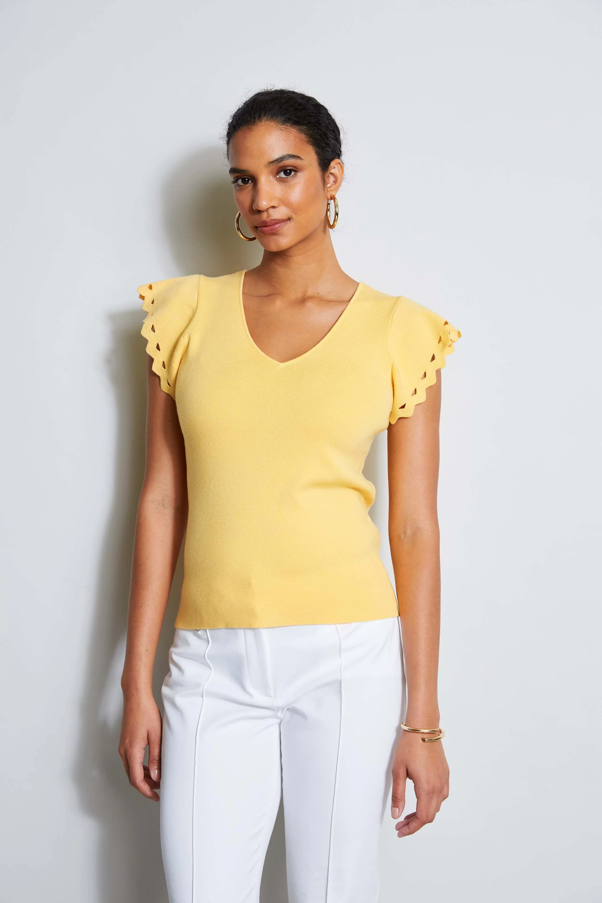 T-Tahari Laser Cut Flutter Sleeve Sweater - Murepair