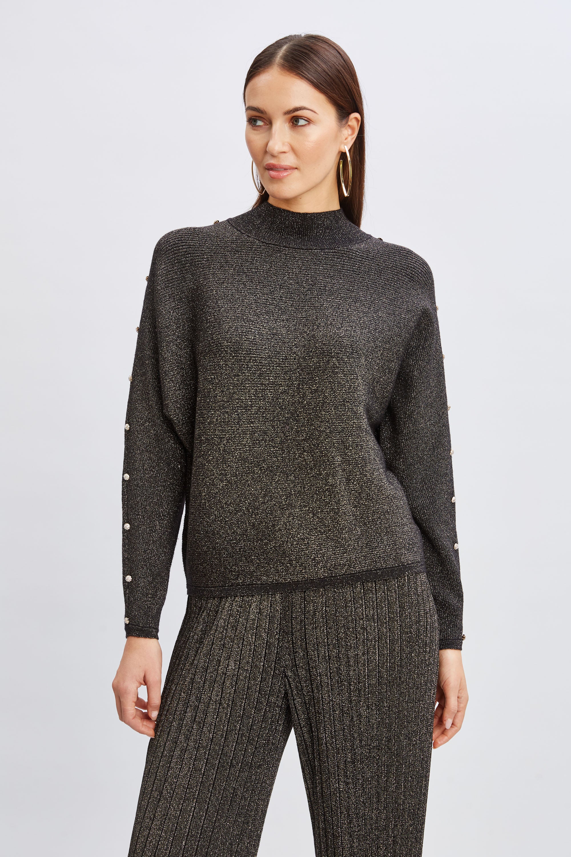 T-Tahari Crystal Sleeve Metallic Sweater - Murepair
