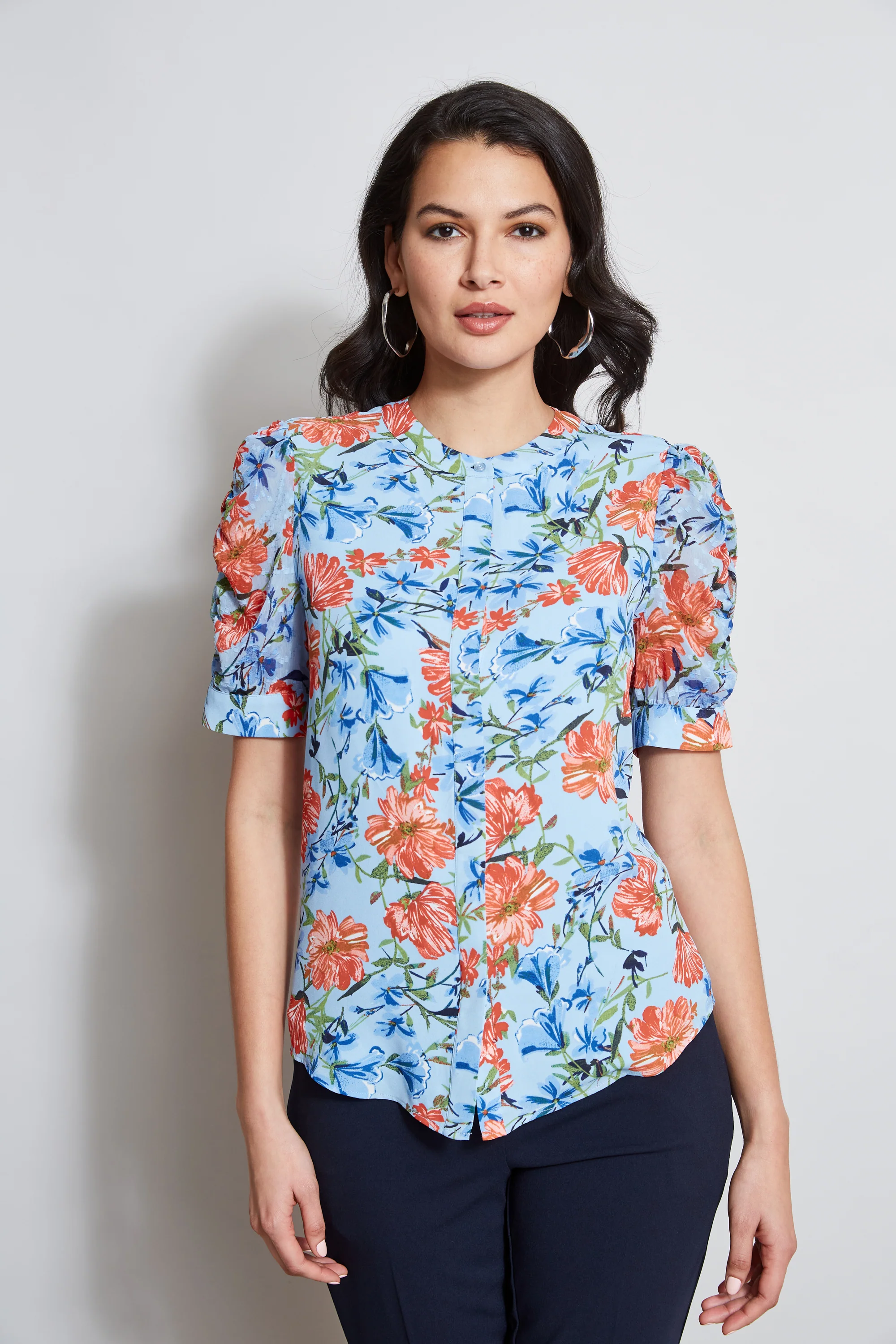 T-Tahari Garden Floral Puff Sleeve Shirt - Murepair