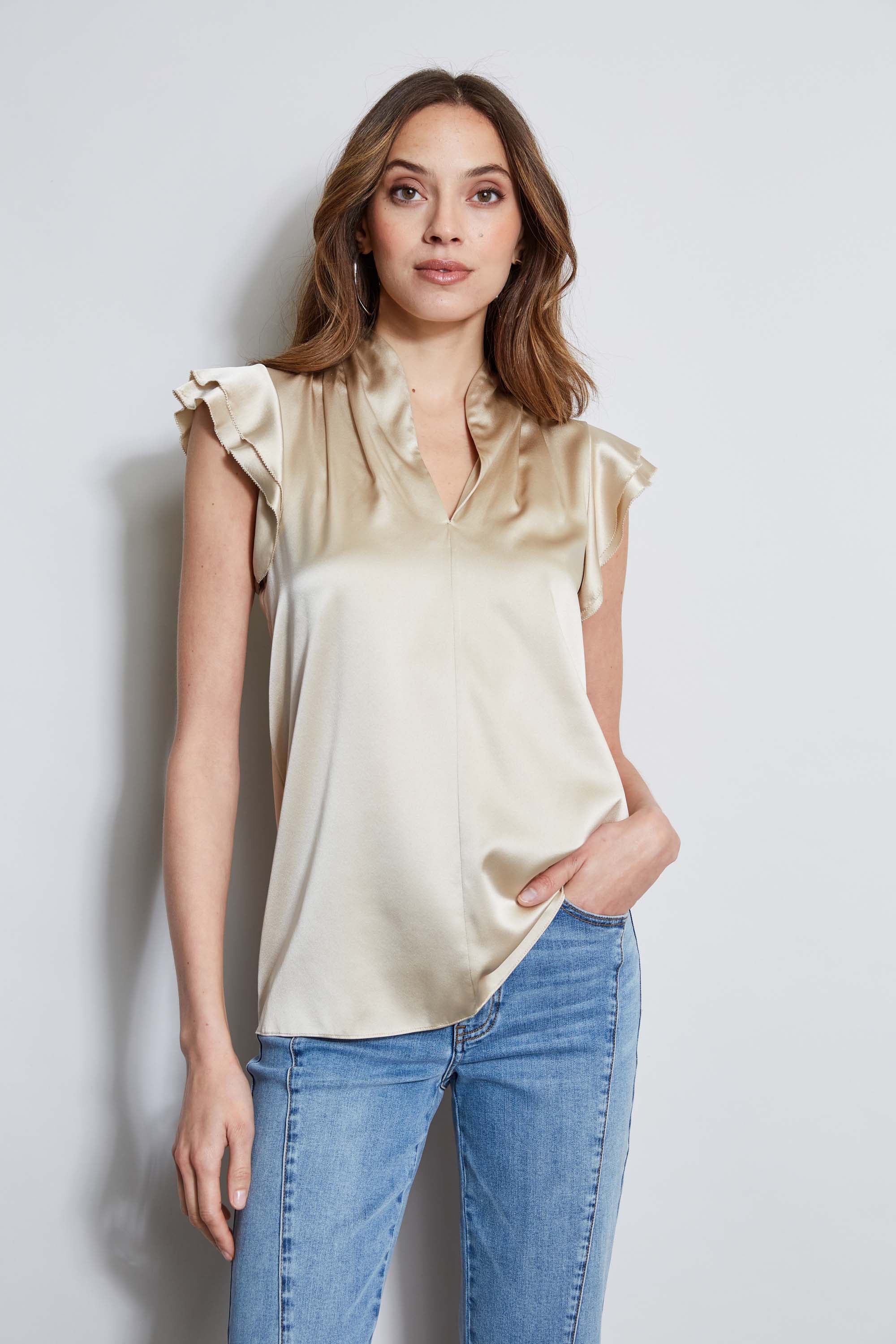Silk Satin Flutter Sleeve Shirt - Murepair